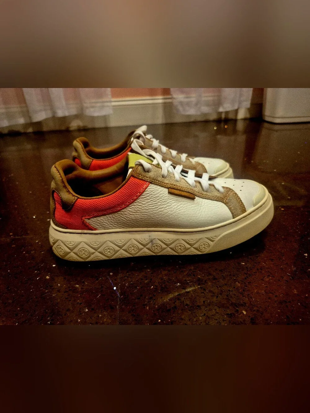 Tory Burch Leather Sneakers in White and Orange-Red with Tan Trim